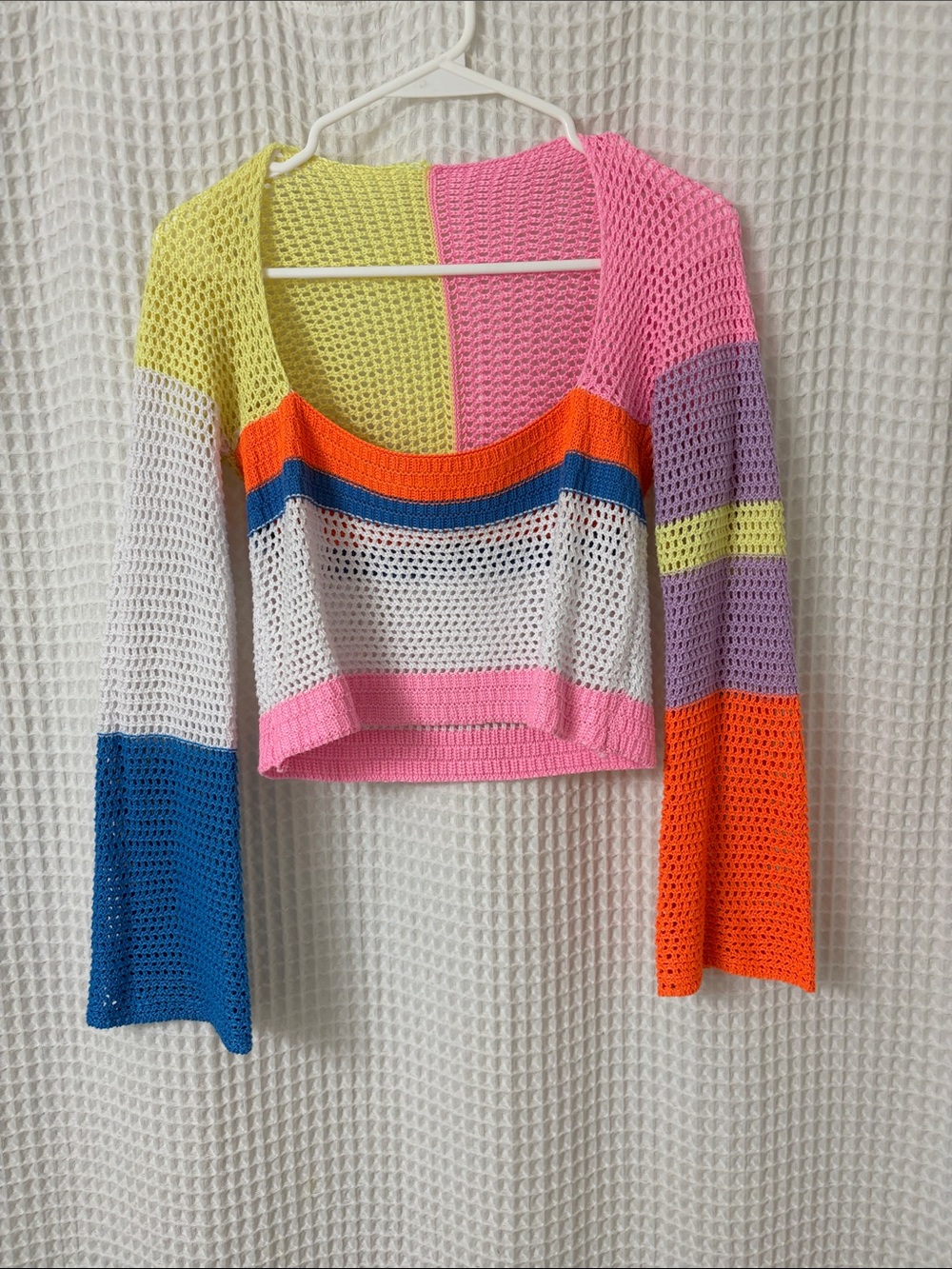 Crochet Open Knit Crop Top Neon Rainbow Multicolor Patchwork Festival Y2K Small